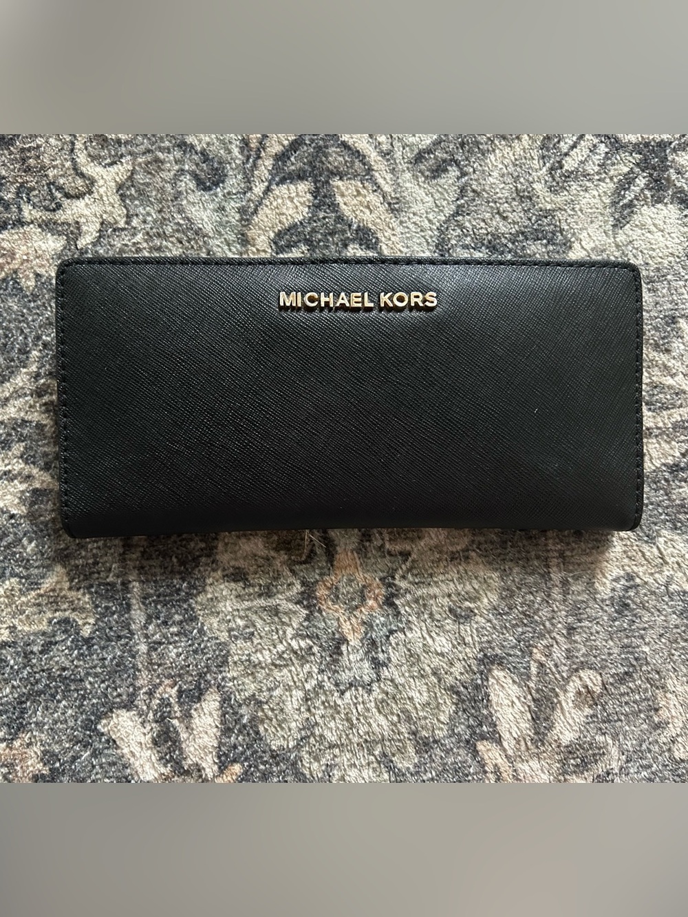 Michael Kors Black Saffiano Continental Wallet with Gold Logo